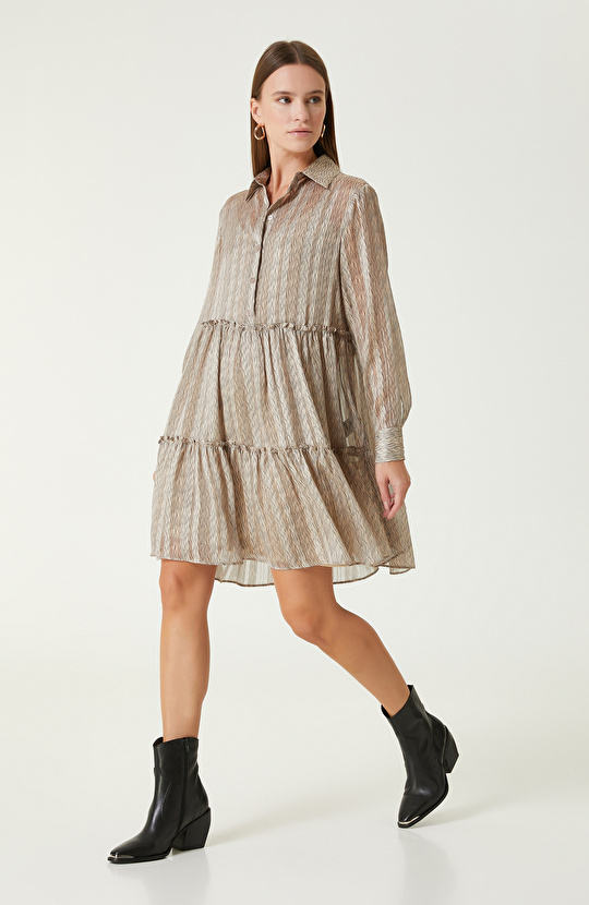 Bej Desenli Mini Elbise