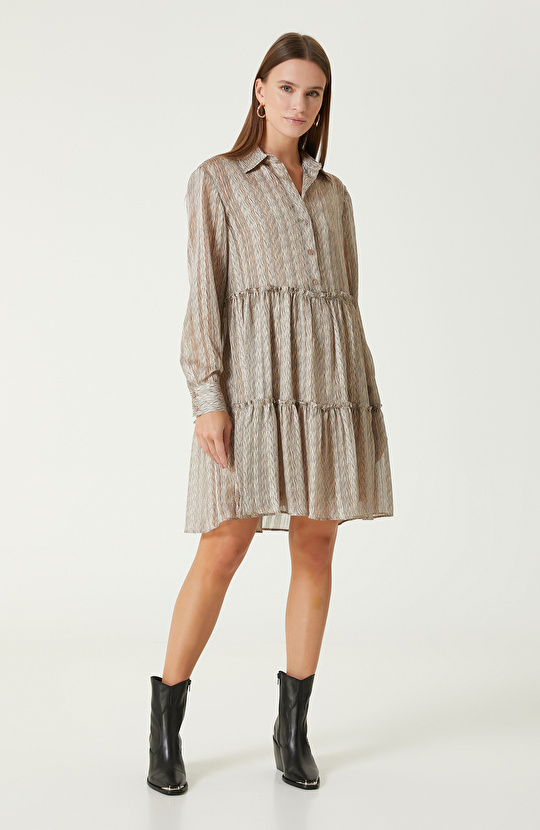 Bej Desenli Mini Elbise