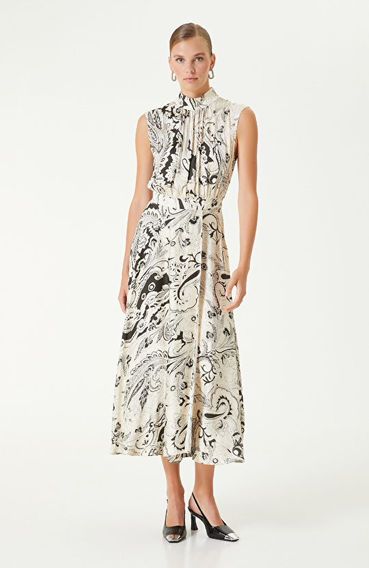 Siyah Bej Şal Desenli Midi Elbise