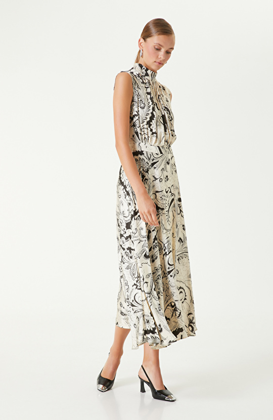 Siyah Bej Şal Desenli Midi Elbise