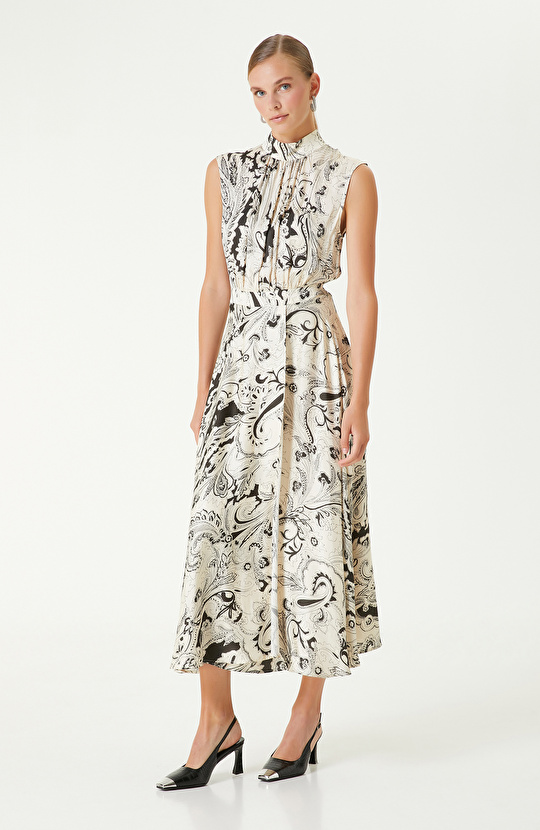 Siyah Bej Şal Desenli Midi Elbise