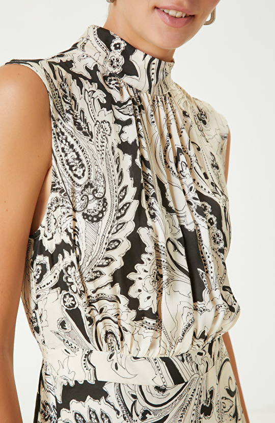 Siyah Bej Şal Desenli Midi Elbise