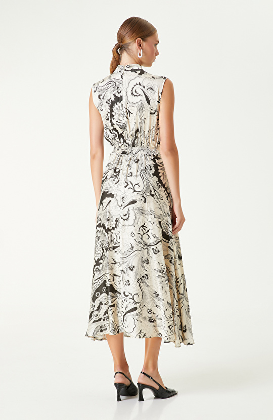 Siyah Bej Şal Desenli Midi Elbise