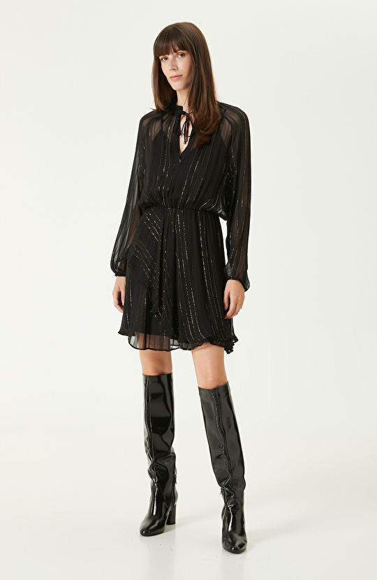 Siyah Gold Desenli Şifon Mini Elbise