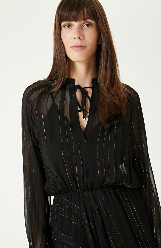 Siyah Gold Desenli Şifon Mini Elbise