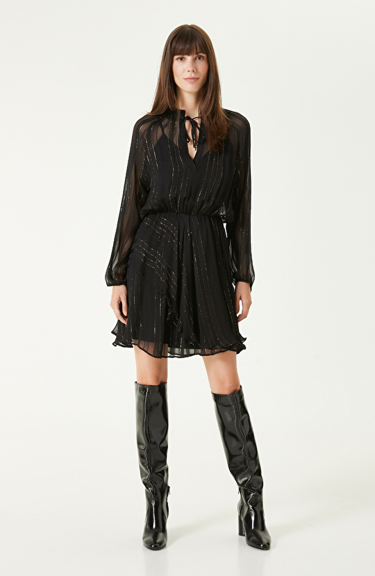 Siyah Gold Desenli Şifon Mini Elbise