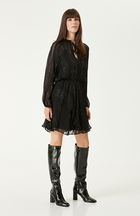 Siyah Gold Desenli Şifon Mini Elbise