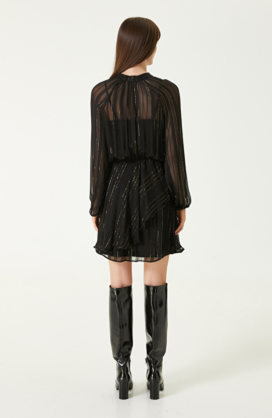 Siyah Gold Desenli Şifon Mini Elbise