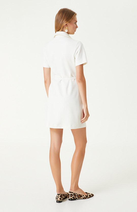 Kırık Beyaz Kemerli Mini Elbise