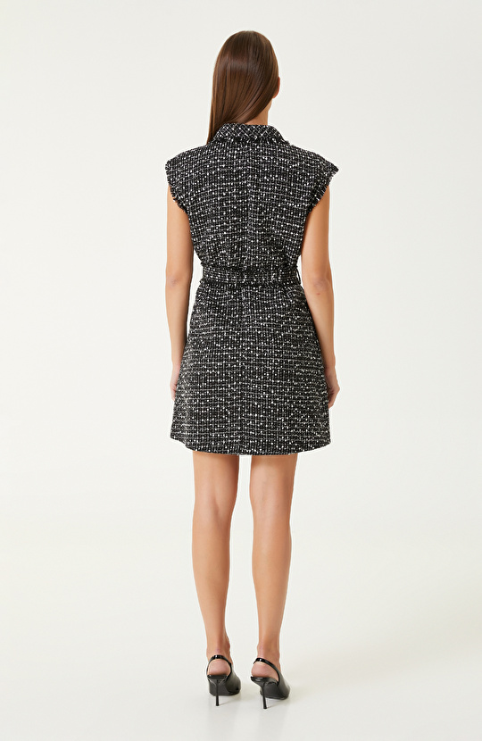 Siyah Beyaz Tweed Desenli Mini Elbise