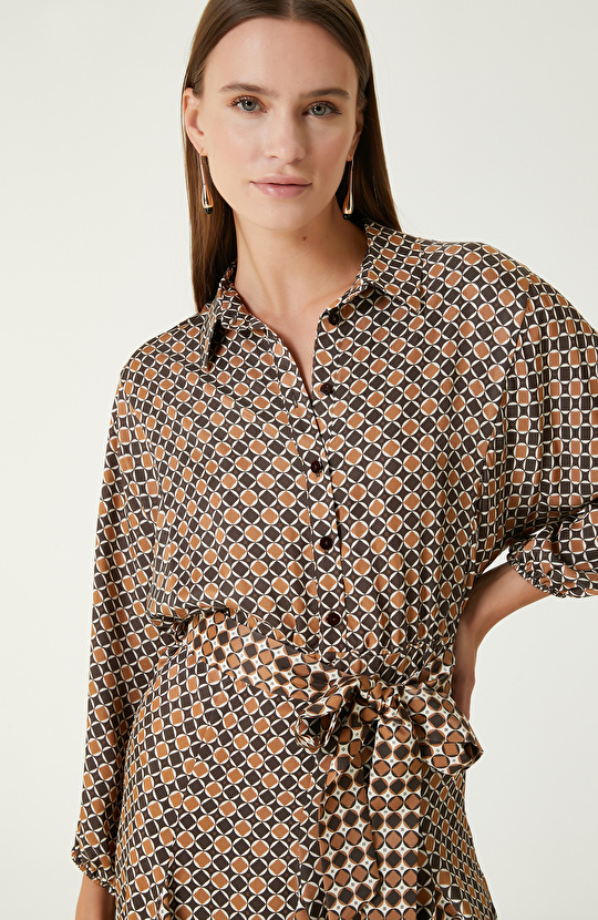 Kahverengi Camel Desenli Mini Elbise