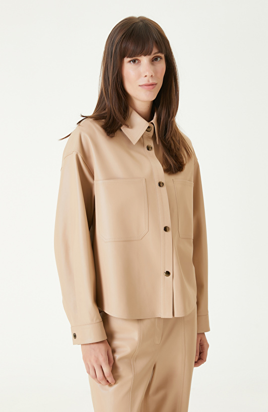 Bej Cepli Deri Gömlek