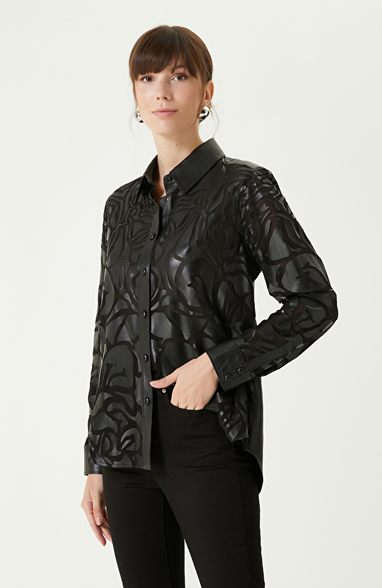Siyah Limited Kesik Desen Detaylı Deri Gömlek