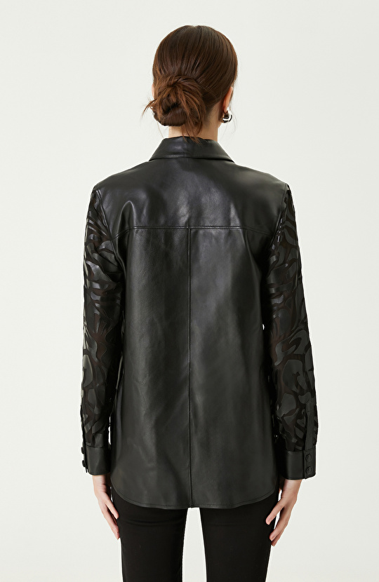 Siyah Limited Kesik Desen Detaylı Deri Gömlek