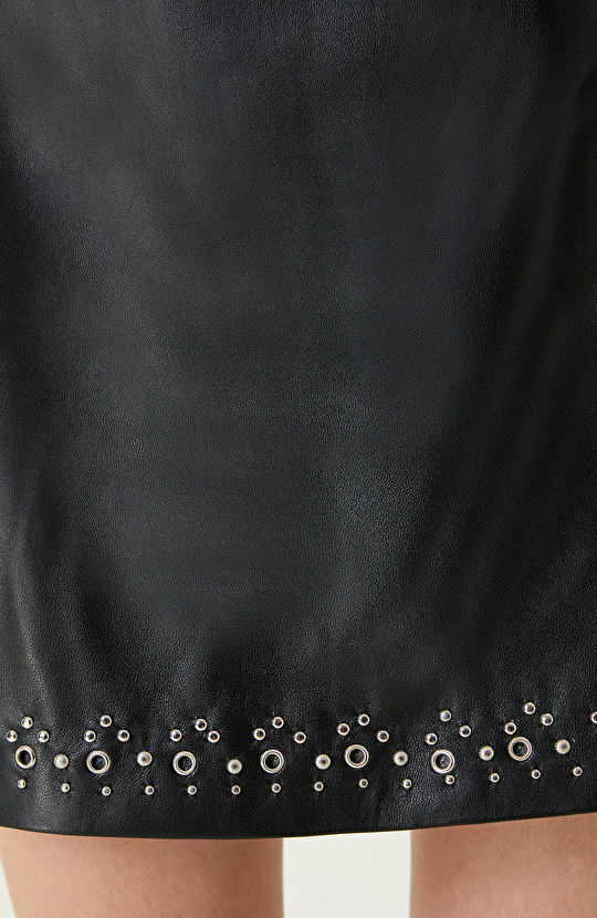 Black Troc Detailed Leather Skirt