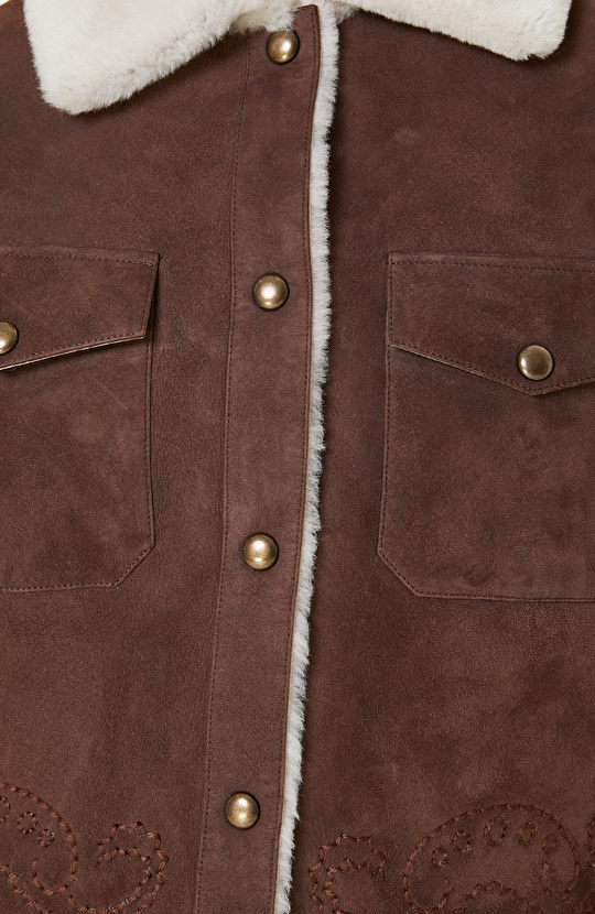 Kahverengi Nakış İşlemeli Suet Deri Mont