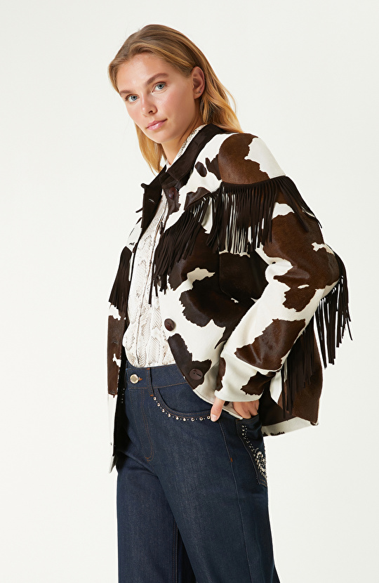 Kırık Beyaz Kahverengi Püskül Detaylı Deri Mont