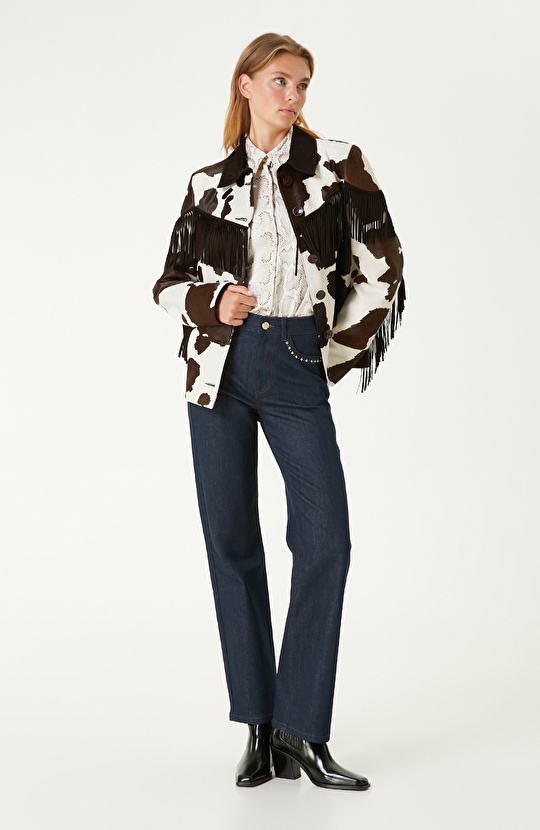 Kırık Beyaz Kahverengi Püskül Detaylı Deri Mont