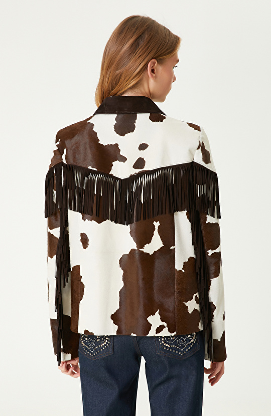 Kırık Beyaz Kahverengi Püskül Detaylı Deri Mont