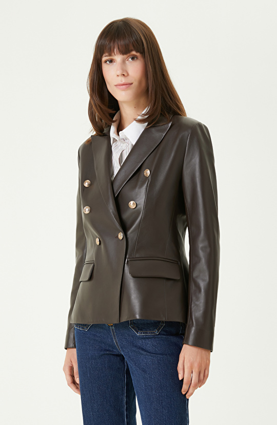 Kahverengi Blazer Deri Ceket
