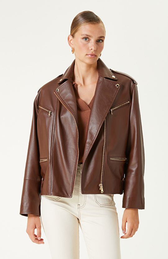 Kahverengi Biker Deri Mont