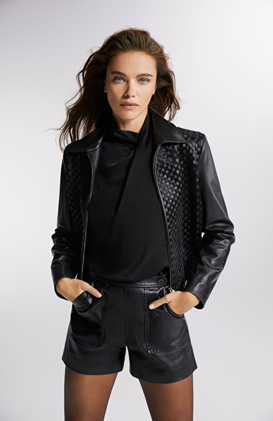 Siyah Limited Örgü Detaylı Deri Mont