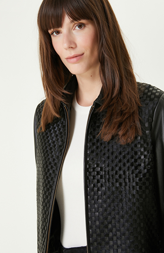 Siyah Limited Örgü Detaylı Deri Mont