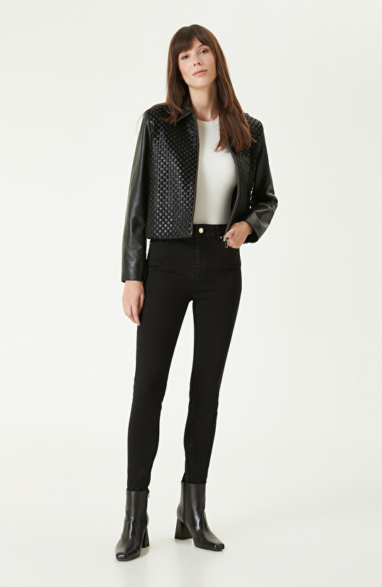 Siyah Limited Örgü Detaylı Deri Mont