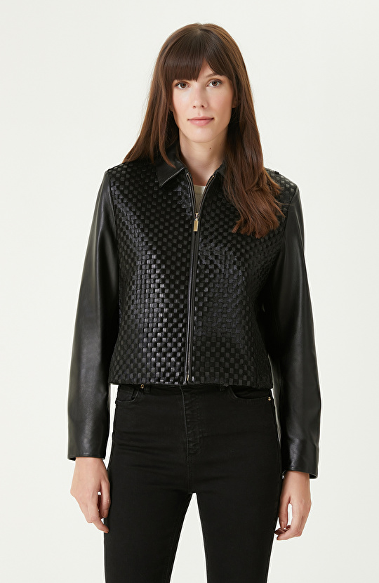 Siyah Limited Örgü Detaylı Deri Mont