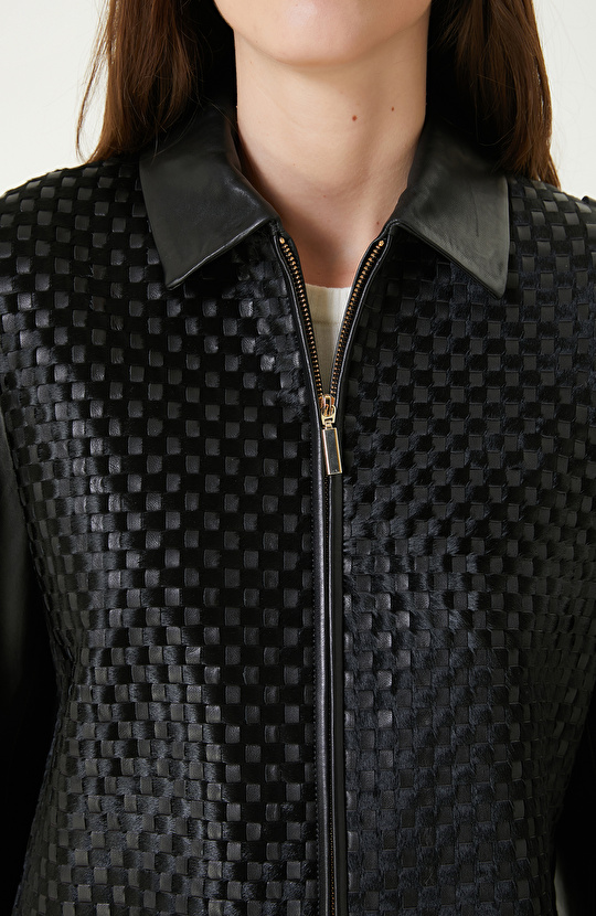 Siyah Limited Örgü Detaylı Deri Mont