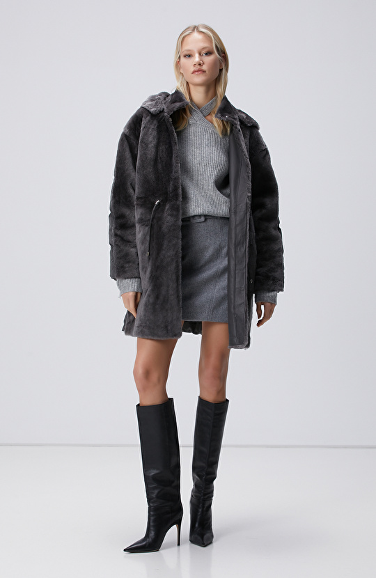 Gri Kapüşonlu Deri Kaban 