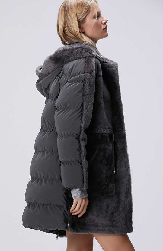 Gri Kapüşonlu Deri Kaban 