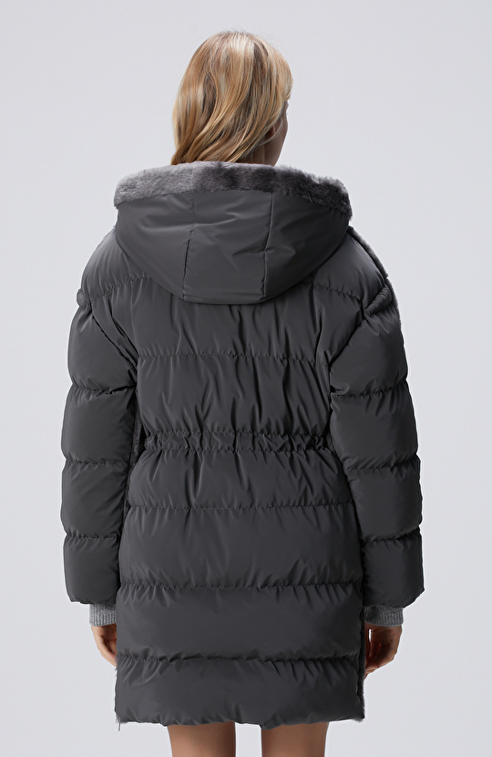 Gri Kapüşonlu Deri Kaban 