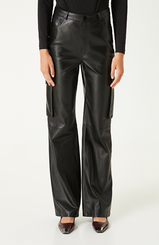Siyah Kargo Cepli Deri Pantolon