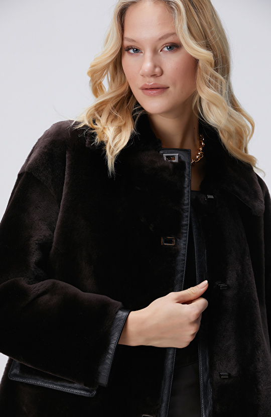 Acı Kahve Biye Detaylı Deri Kaban