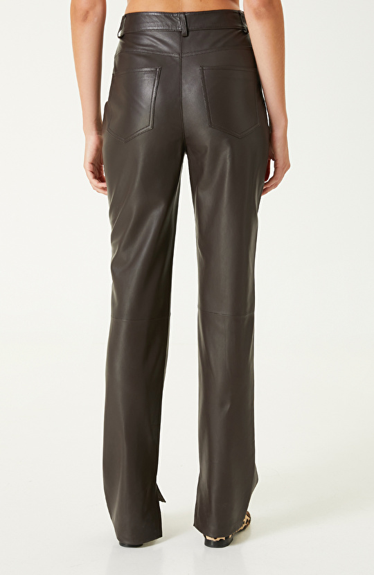 Acı Kahve Paçası Yırtmaçlı Deri Pantolon