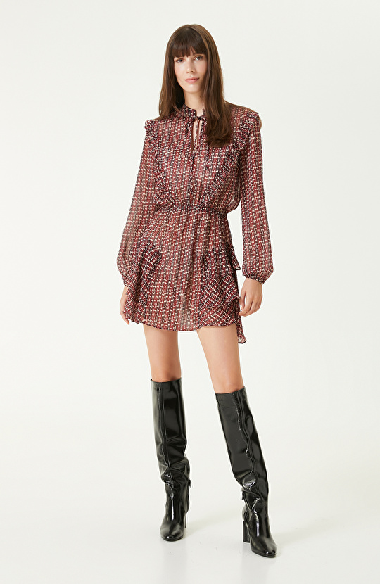 Bordo Kırık Beyaz Desenli Mini Elbise