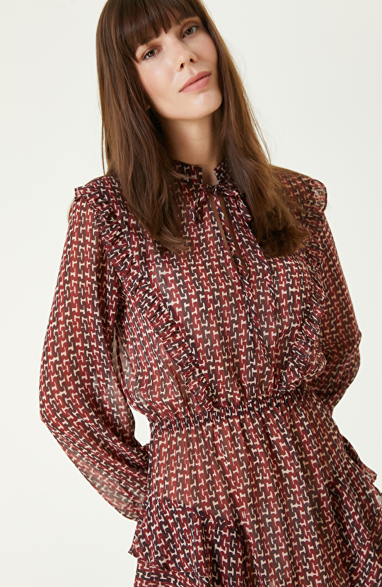 Bordo Kırık Beyaz Desenli Mini Elbise