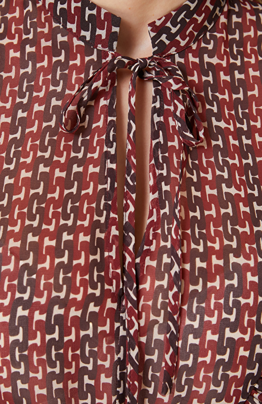 Bordo Kırık Beyaz Desenli Mini Elbise