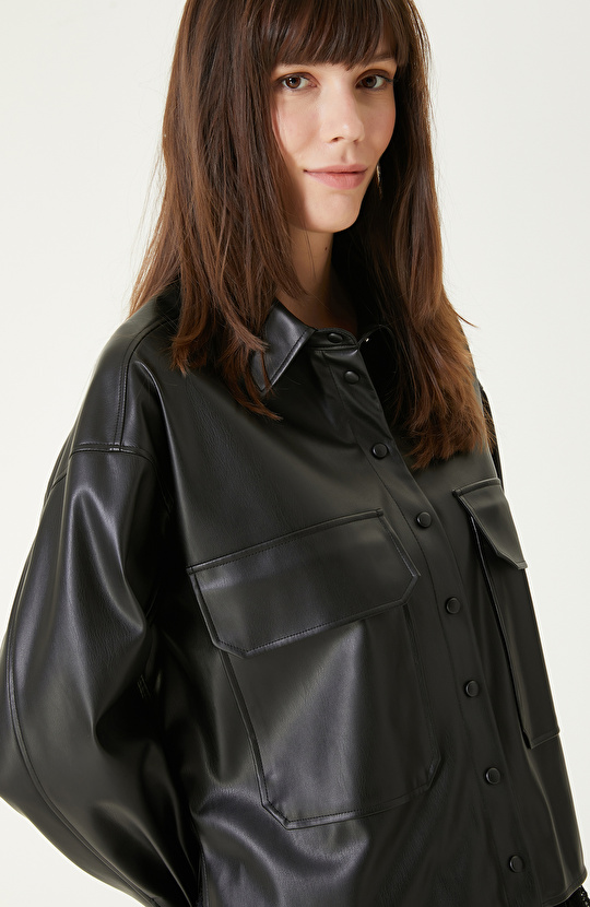 Siyah vegan Deri Gömlek