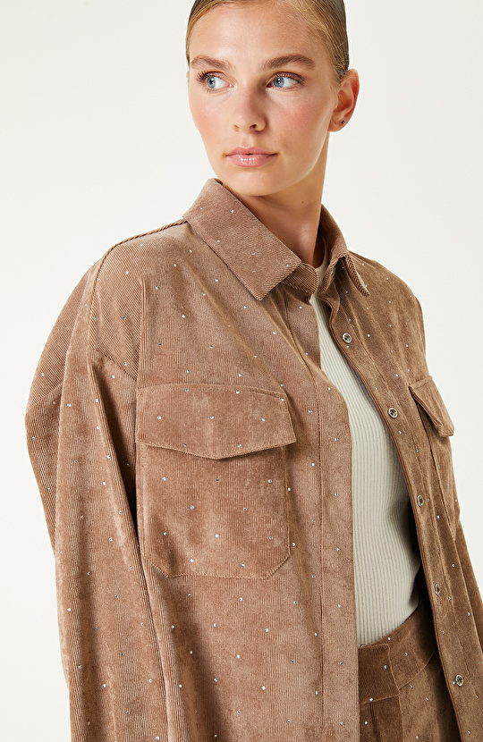 Camel Taş Baskılı Fitilli Kadife Gömlek
