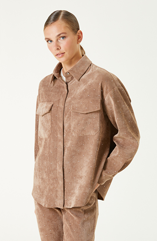 Camel Taş Baskılı Fitilli Kadife Gömlek