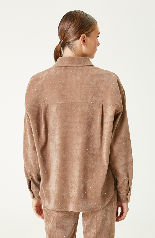 Camel Taş Baskılı Fitilli Kadife Gömlek