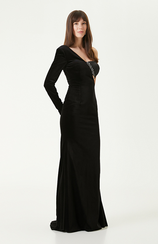 Siyah Kadife Maxi Abiye Elbise