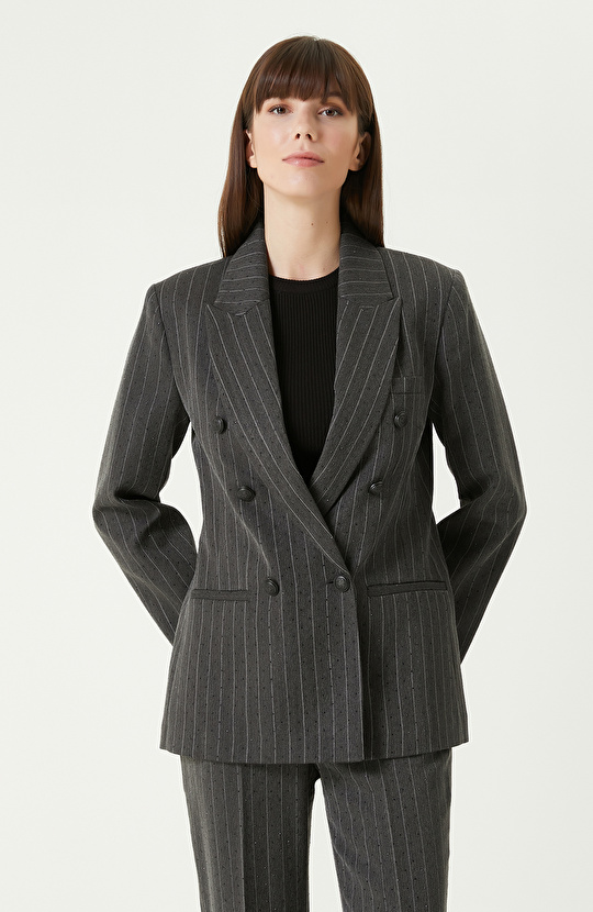 Koyu Gri Taş Baskı Detaylı Çizgili Ceket