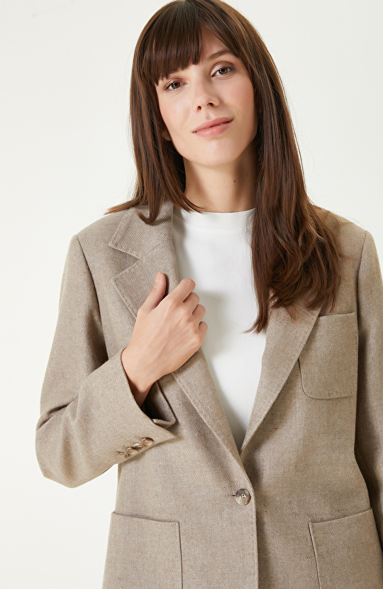 Bej Melanj Yün Karışımlı Ceket