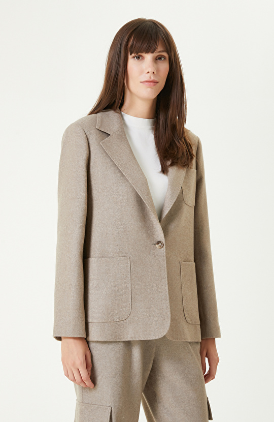 Bej Melanj Yün Karışımlı Ceket