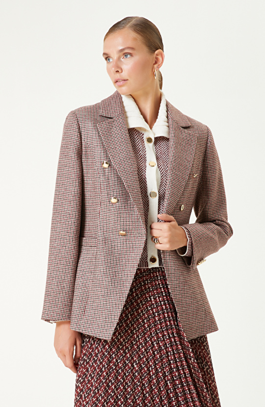 Bordo Yün Karışımlı Kaz Ayağı Desenli Ceket