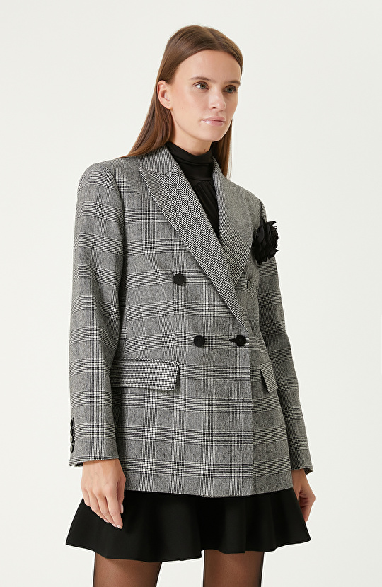 Siyah Beyaz Yün Karışımlı Ekose Ceket