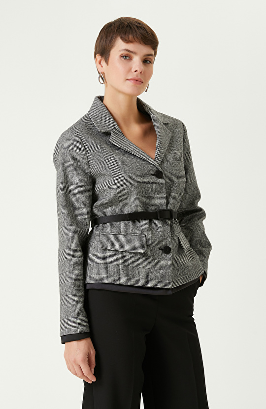 Siyah Beyaz Yün Karışımlı Ekose Ceket